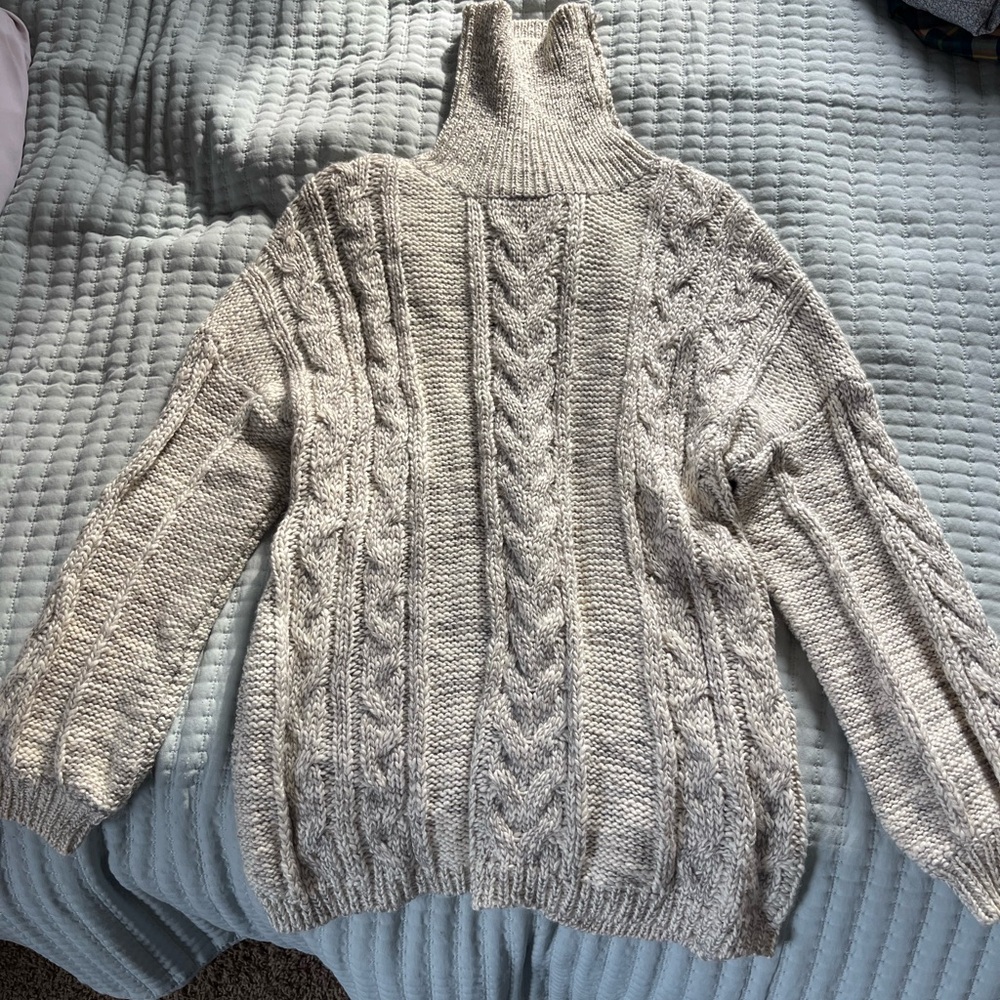 Cozy Gray Cable Knit Turtleneck Sweater